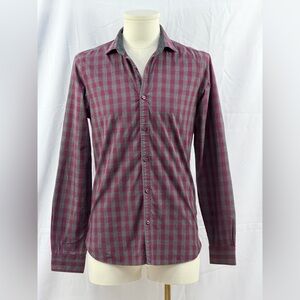 Zara Man Slim Fit Burgundy Gray Plaid Elbow Patch Button Shirt S